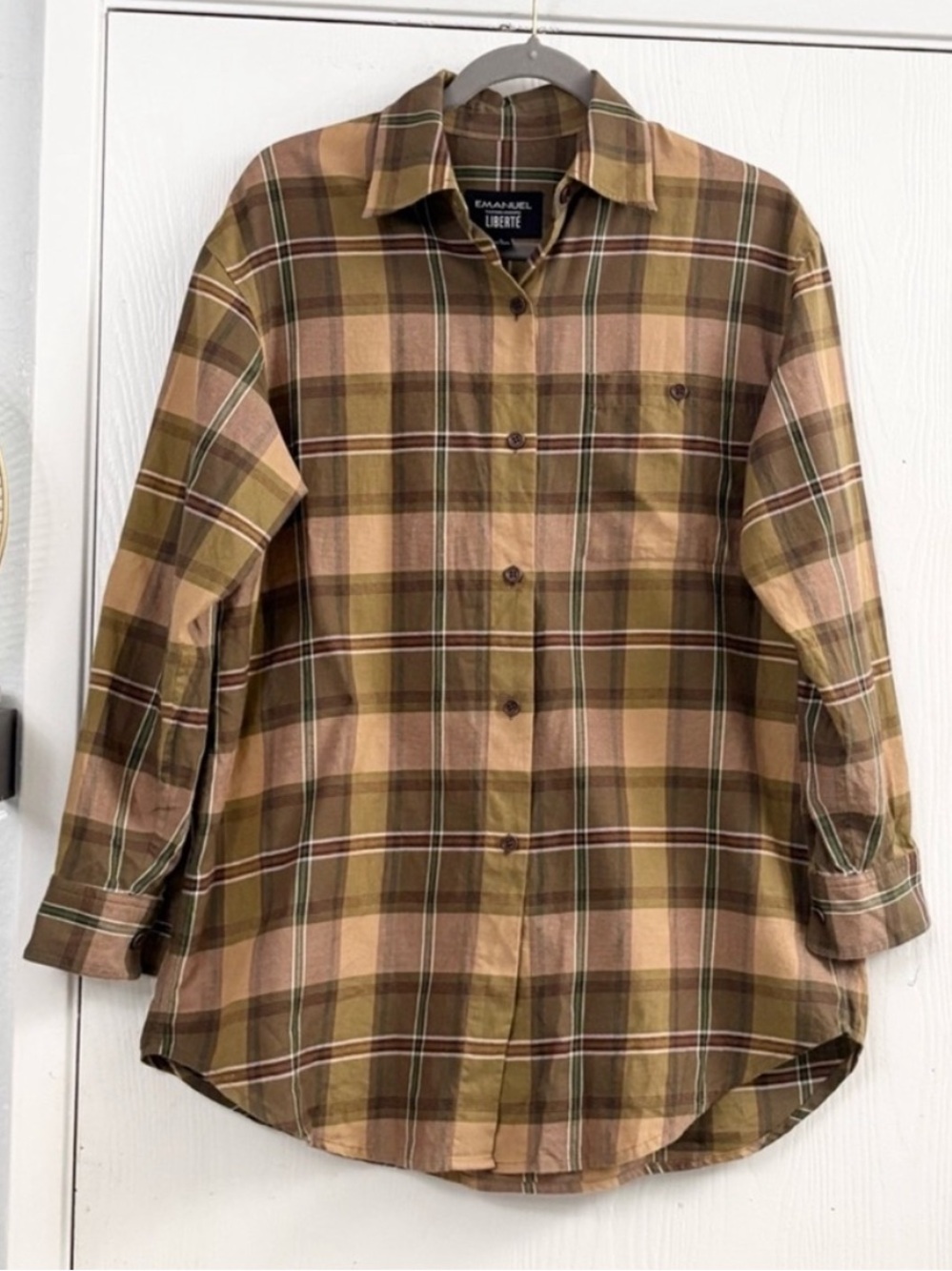 Emanuel Ungaro Liberté Plaid Button-Up in Olive, Brown & Cream Cotton Shirt Sz S